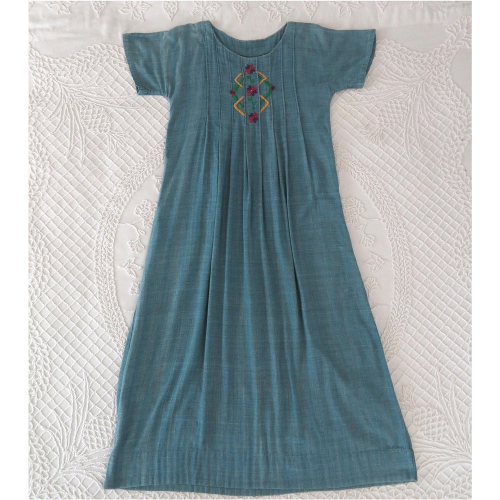 Vintage 70s Blue Embroidered Pintuck Maxi Dress Boho Cotton Medium Handmade